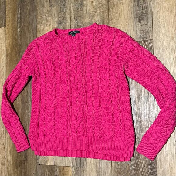 Lauren Ralph Lauren Classic Cable knit V Neck Sweater M Pink Preppy Classic Logo - Picture 2 of 5
